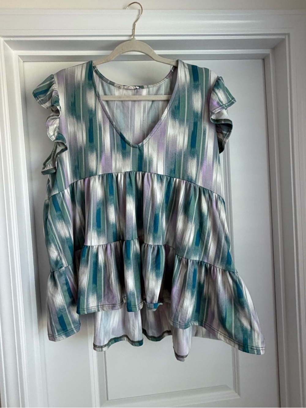entro Teal, Lavender & White Ruffle Tiered V-Neck Tunic